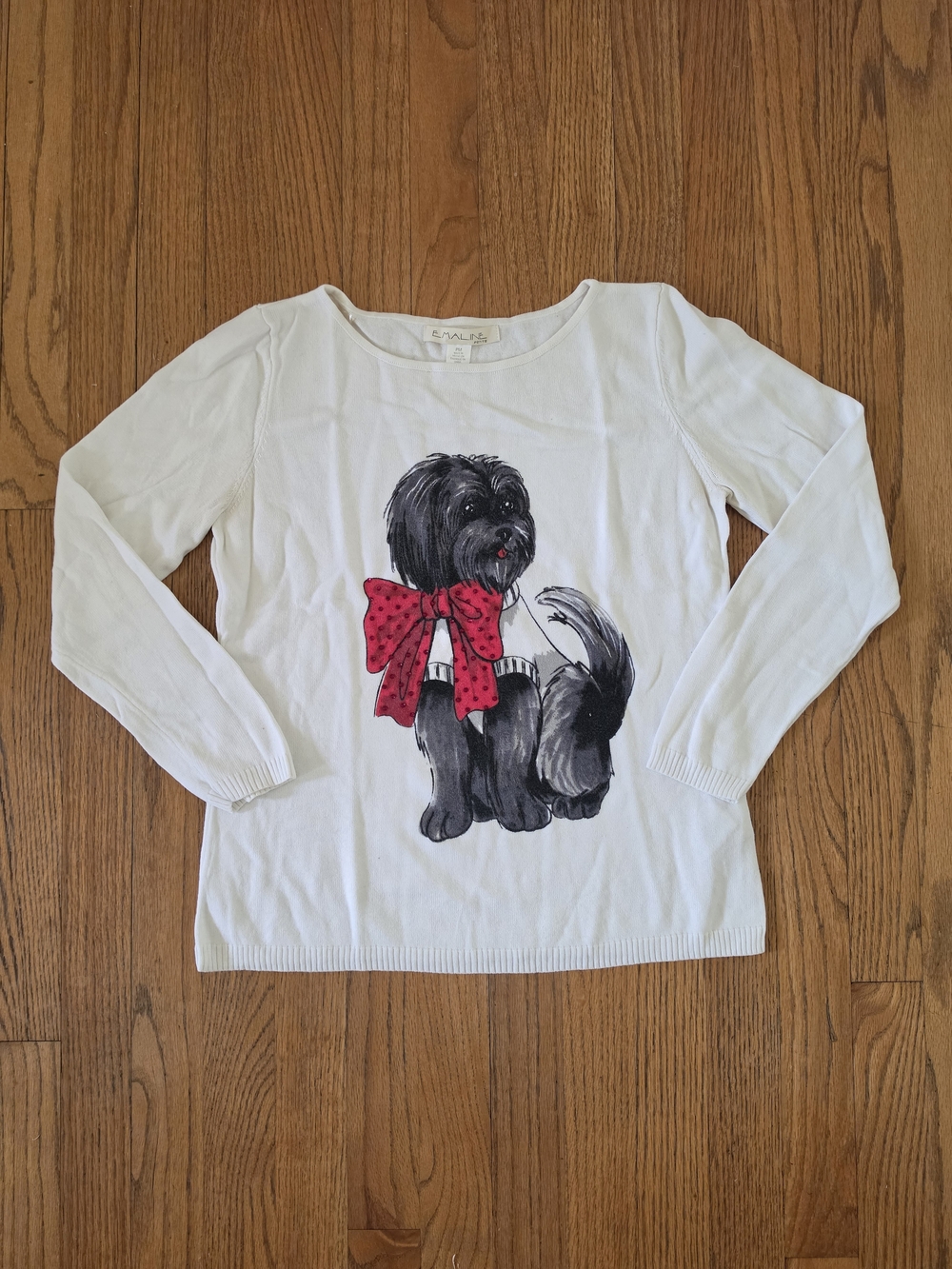 Emaline White Scoop Neck Sweater with Graphic Dog and Red Bow Size PM